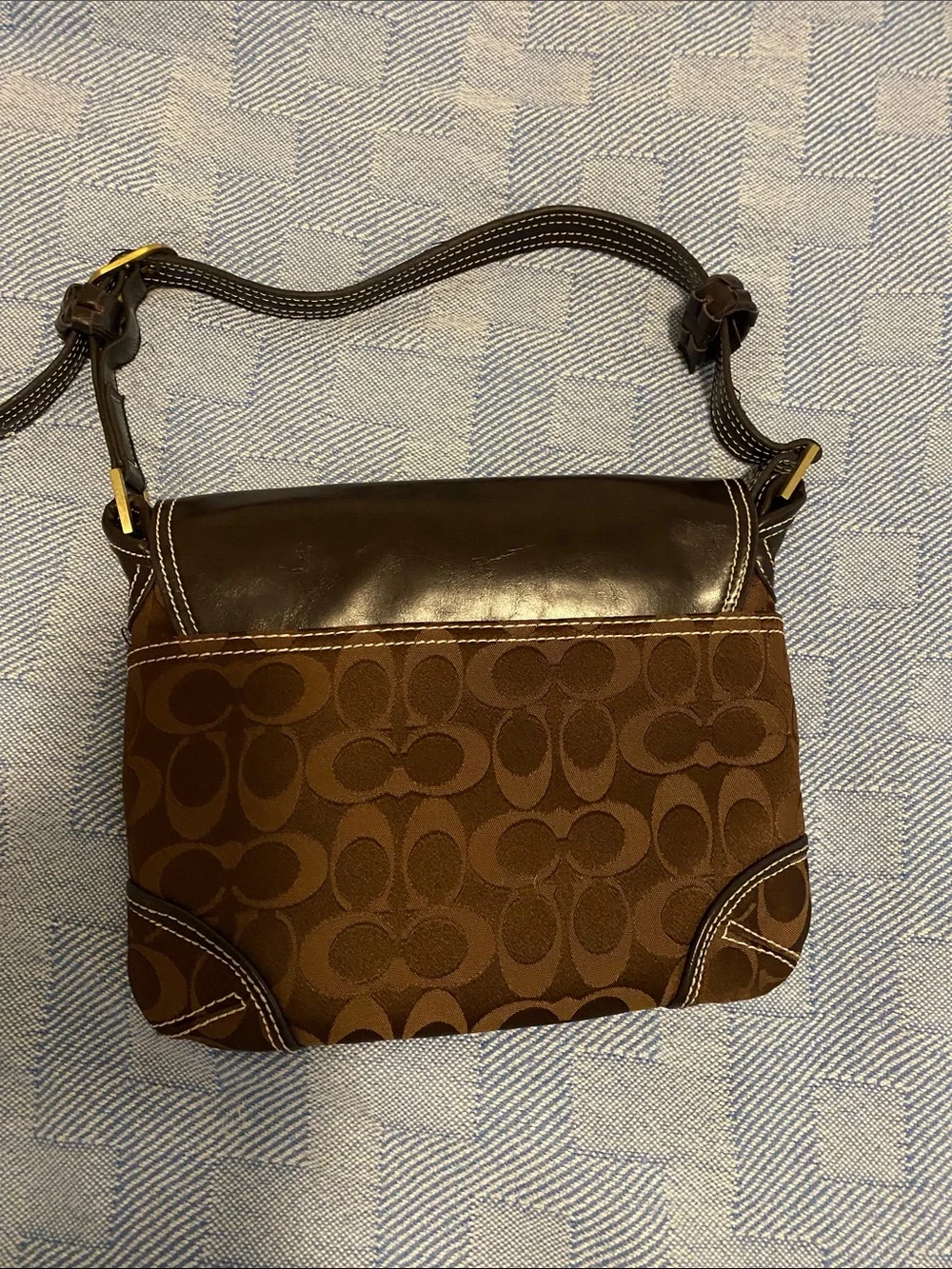 Coach Brown Canvas Signature Shoulder Bag with Dark Brown Leather Trim